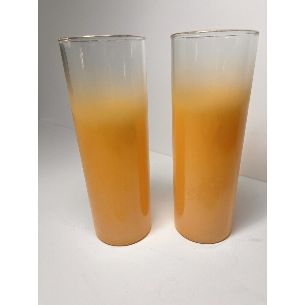 Vtg MCM Blendo Set of 2 Tangerine Ombre Frosted Tom Collins Highball Glasses